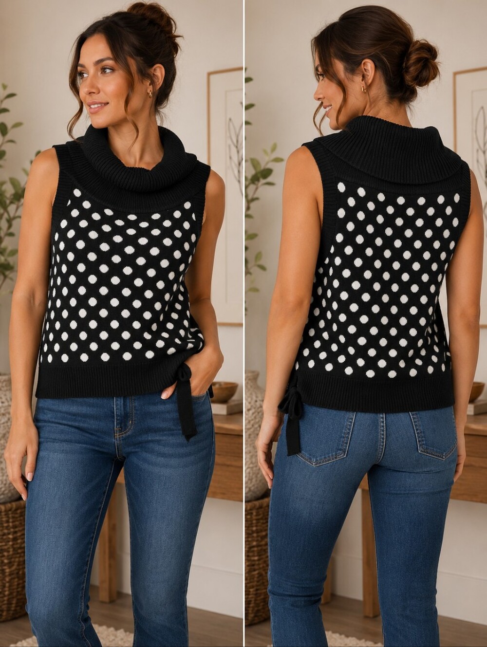Mercer & Madison Polka Dot Sleeveless Sweater Black/White Petite Size XL